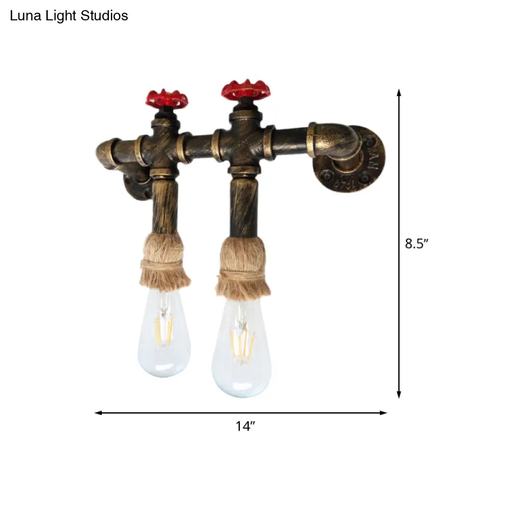 Vintage Brass 2-Head Industrial Sconce with Metal Water Pipe & Valve Wall Mount Lamp