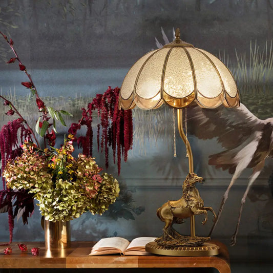 Vintage Brass 2-Light Table Lamp with Water Glass Scalloped Shade, Pull Chain, and Horse Deco