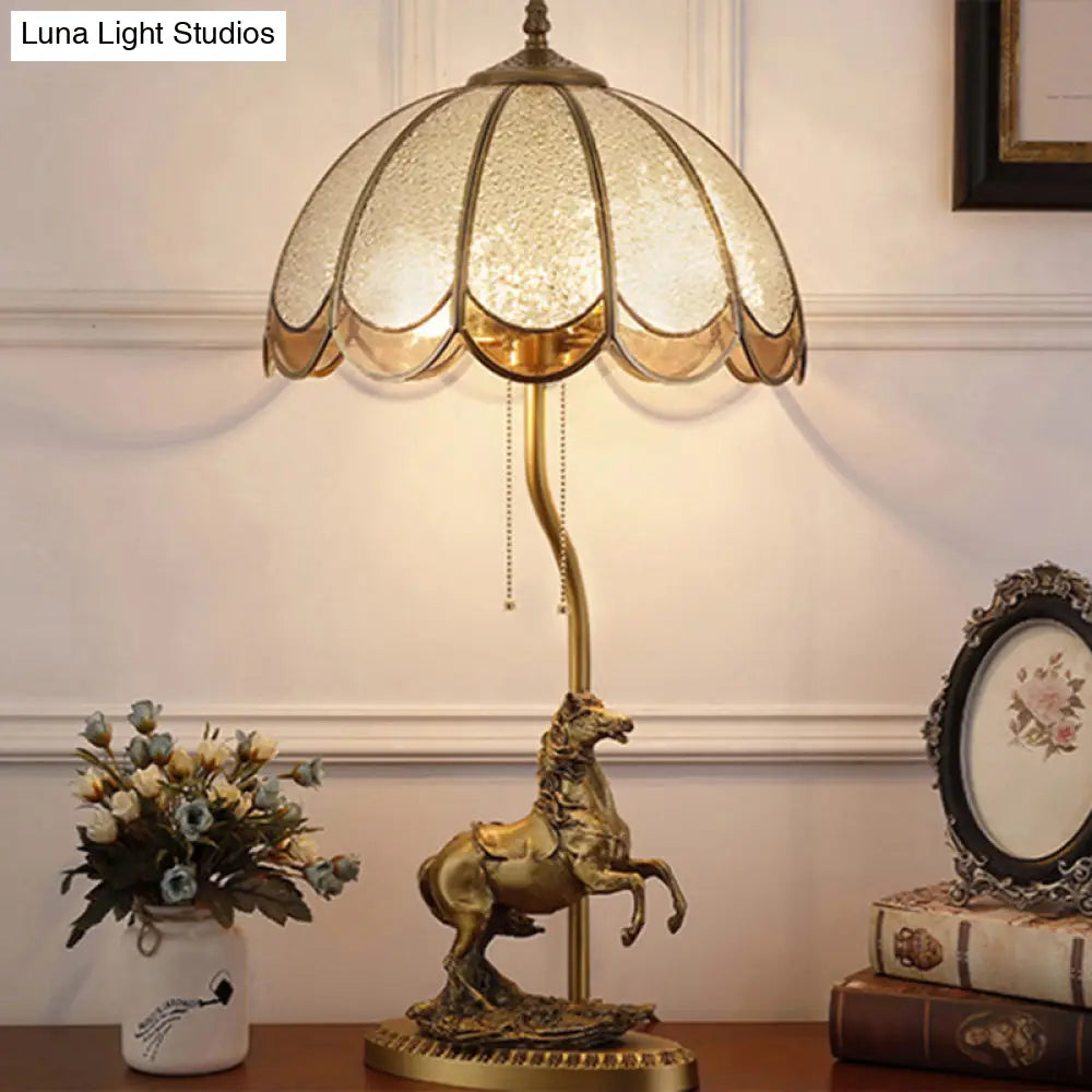 Vintage Brass 2-Light Table Lamp with Water Glass Scalloped Shade, Pull Chain, and Horse Deco