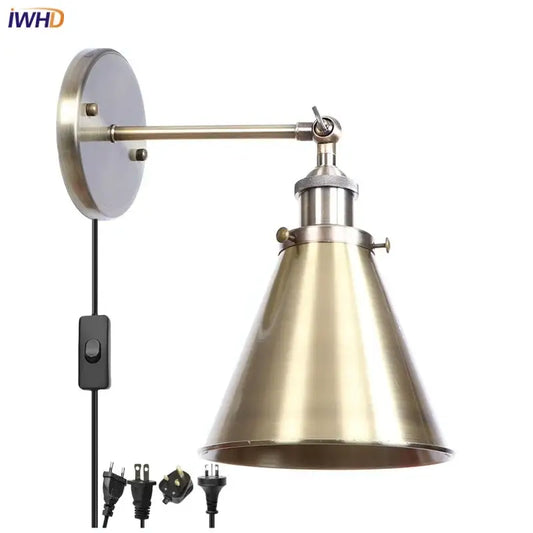Vintage brass adjustable wall lamp with conical shade and multiple plug adapters for decorbites iron led wall lighting