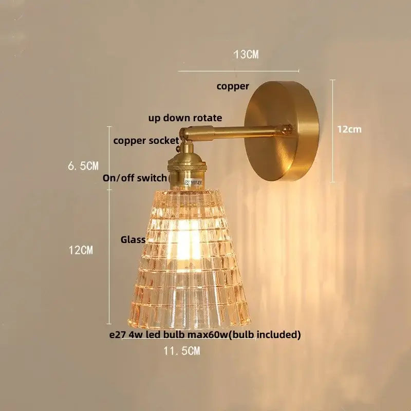 Vintage brass wall sconce with faceted clear amber coffee glass shade for bedroom led light fixture