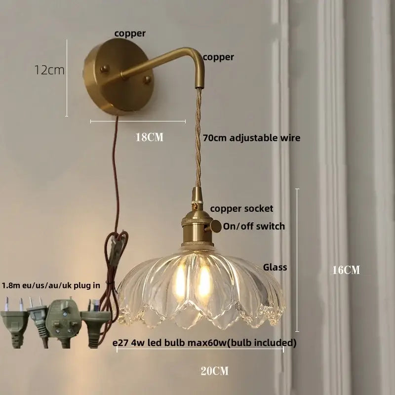 Antique brass wall sconce with amber coffee glass shade and adjustable copper wire for bedroom led light