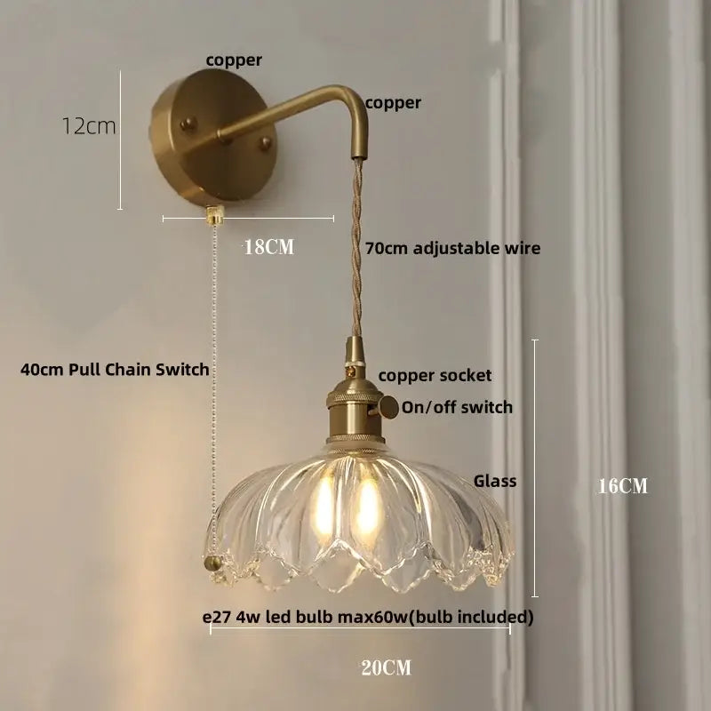 Vintage brass amber coffee glass wall sconce with copper finish clear petal-shaped shade and adjustable wire lighting fixture