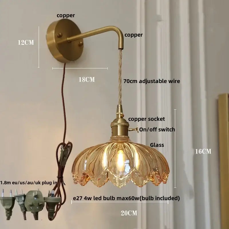 Vintage brass wall sconce with amber coffee glass and a fluted glass shade ideal for bedroom led lighting