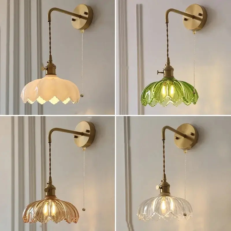 Vintage brass wall sconce with amber coffee glass shade for bedroom led light featuring a fluted design