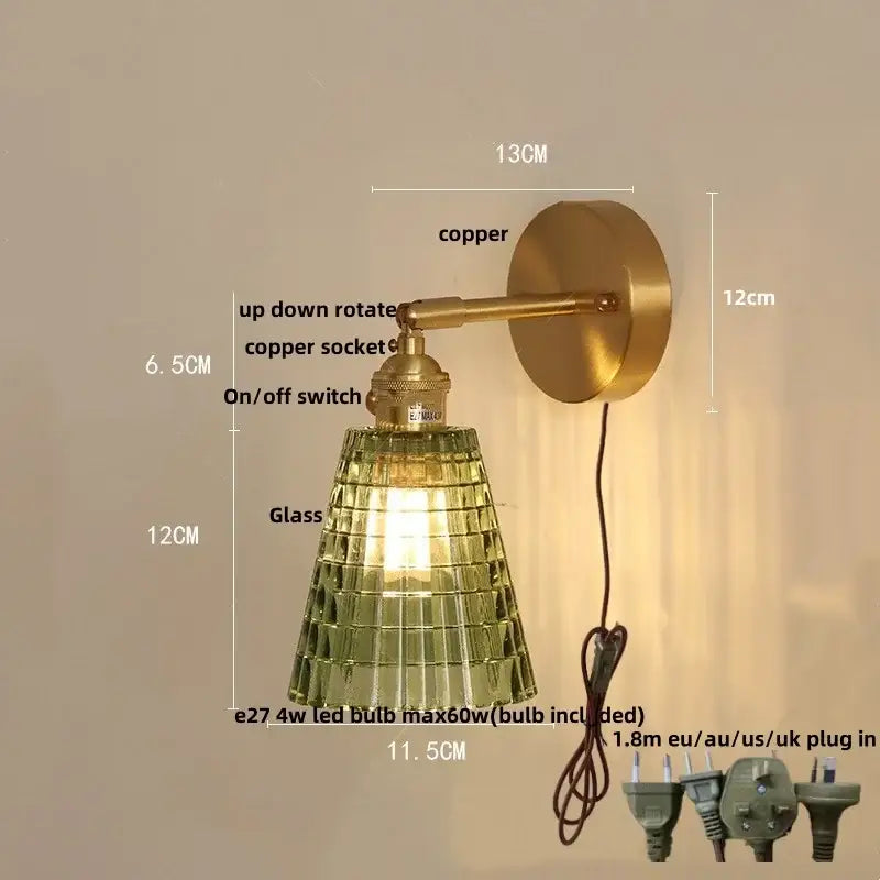 Vintage brass wall sconce with textured green coffee glass shade featuring amber coffee glass for bedroom LED light