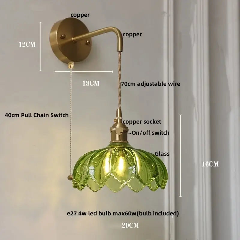 Vintage brass wall sconce with adjustable wire, green petal glass shade, and amber coffee glass for bedroom LED light