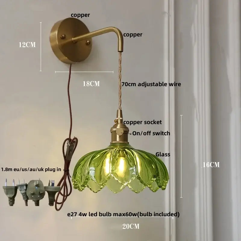 Vintage brass wall sconce with amber coffee glass shade and copper metal arm for bedroom led lighting