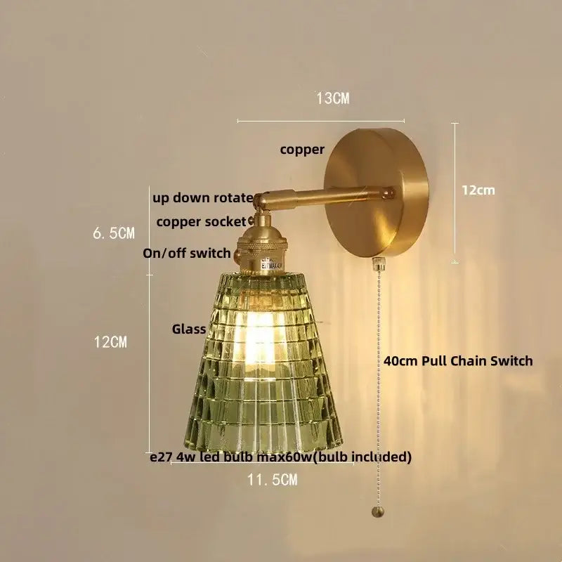 Vintage brass wall sconce with amber coffee glass textured shade and copper finish for bedroom led lighting