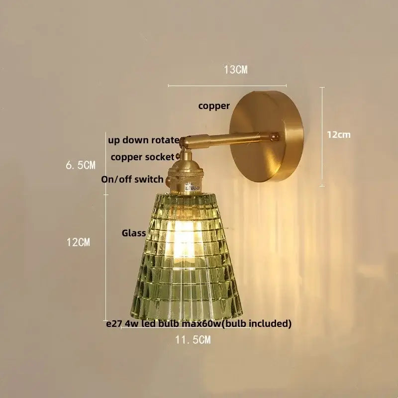 Vintage brass amber coffee glass wall sconce with copper metal arm and textured green tapered coffee glass wall shade