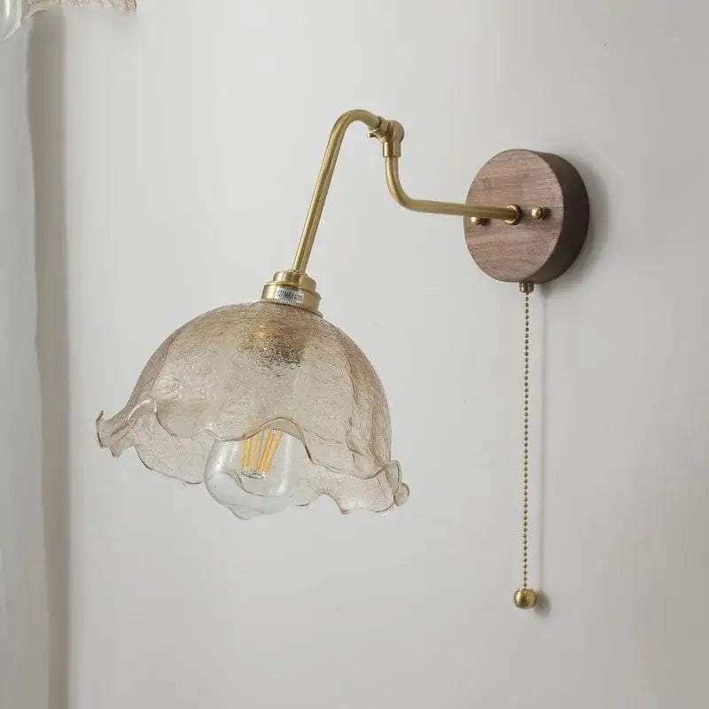 Vintage brass amber glass led wall lights with textured ruffled lampshade and pull chain for decorbites led wall use