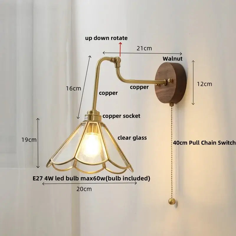 Copper-finished led wall light with clear glass shade and walnut wood backplate for vintage brass decorbites led wall use