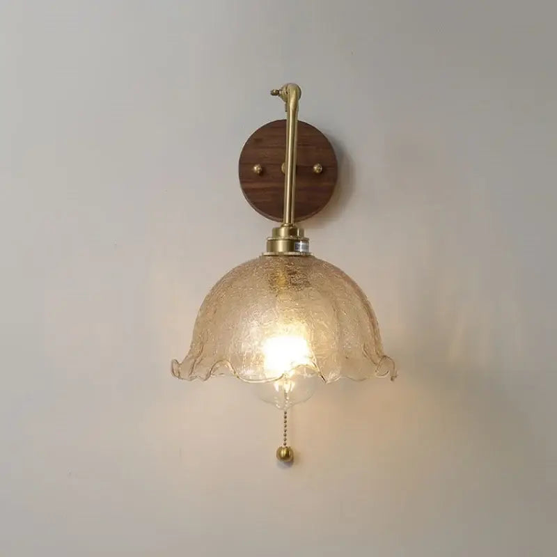 Vintage brass amber glass led wall lights with warm-toned textured lampshade and pull chain for bedroom decorbites led wall