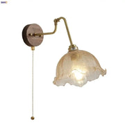 Vintage brass amber glass led wall lights with a textured flower-shaped shade and pull chain for bedroom decorbites led wall