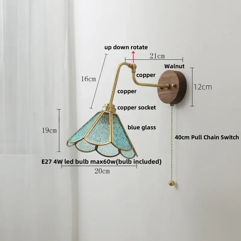 Vintage brass amber glass led wall lights pull chain bedroom sconce with blue textured glass and walnut wood backplate