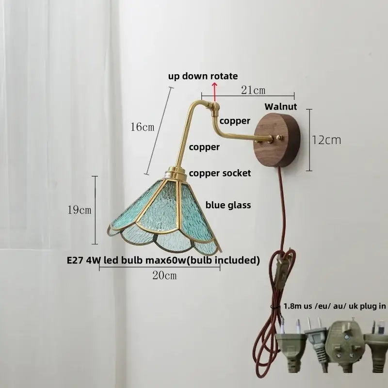 Vintage brass amber glass led wall lights with copper arm and blue stained glass shade for decorbites led wall use