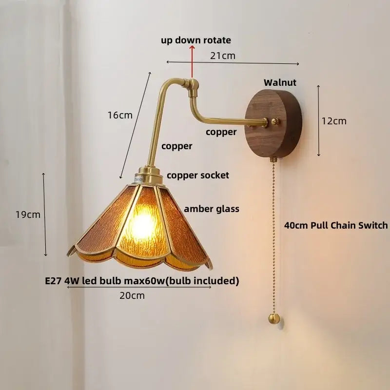 Vintage brass amber glass led wall lights with copper sconce and walnut mounting plate for decorbites led wall lighting