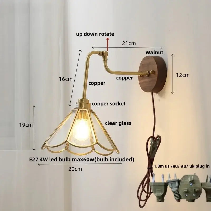 Copper wall sconce with clear glass shade and walnut mounting plate vintage brass amber glass led wall lights pull chain