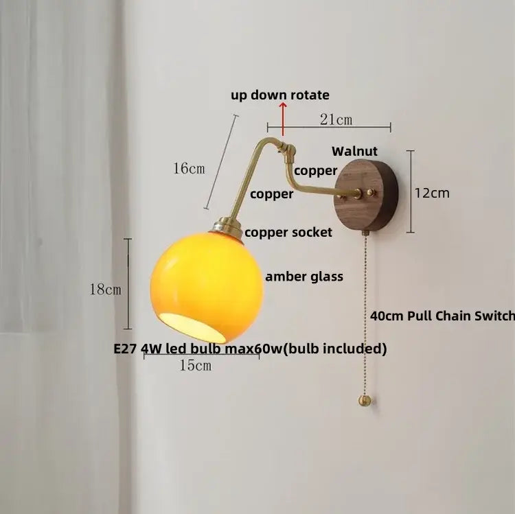 Vintage brass amber glass led wall lights with warm amber globe copper arm walnut plate and pull chain switch decorbites led wall