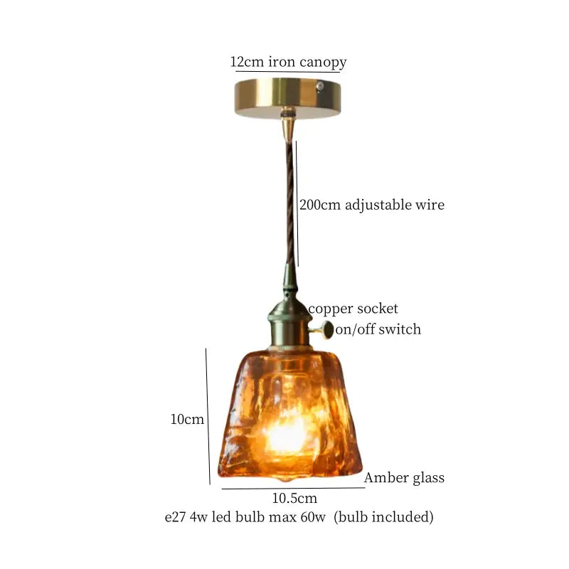 Vintage brass amber glass pendant light with copper socket and adjustable wire for kitchen island decorbites brass amber