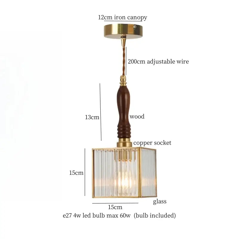 Vintage brass amber glass pendant light with square glass, brass frame, wooden handle, and copper socket for kitchen island decorbites brass amber