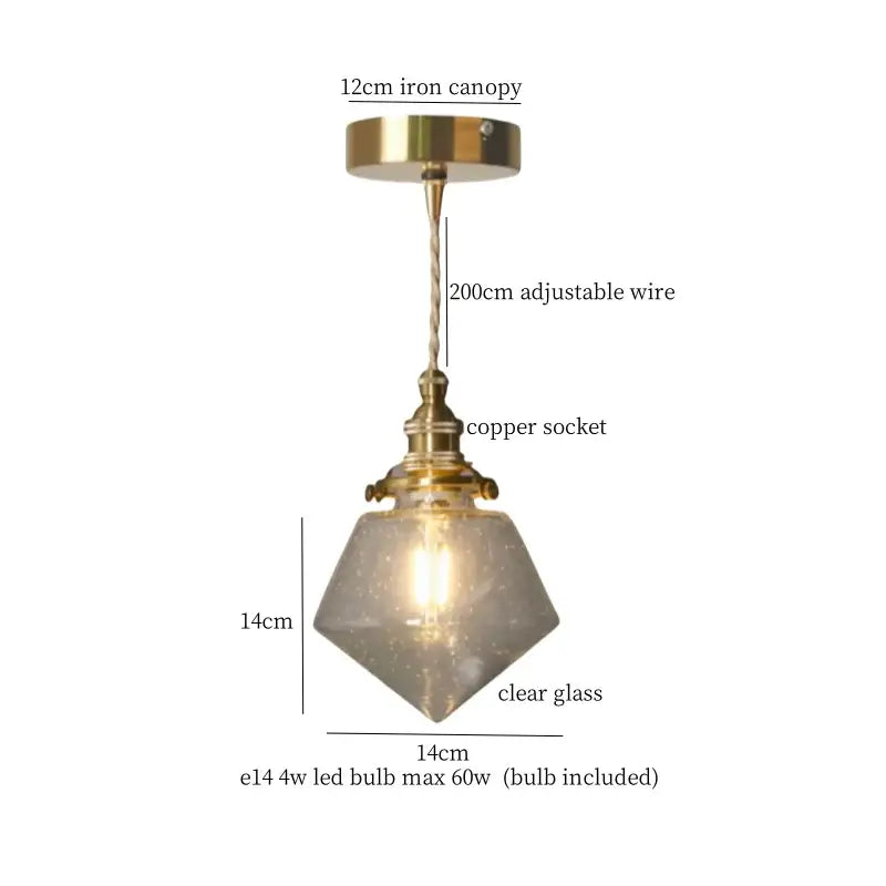 Vintage brass amber glass pendant light with adjustable copper wire and faceted clear glass shade for kitchen island decorbites brass amber