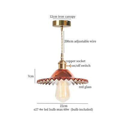 Vintage brass amber glass pendant light with red scalloped shade and copper socket for kitchen island decorbites brass amber