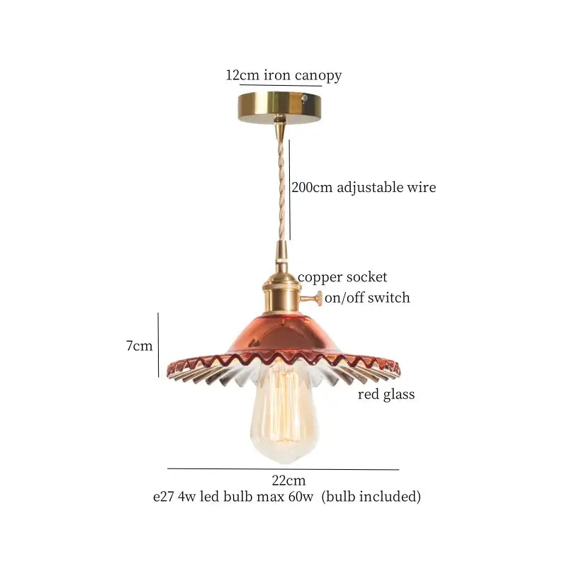 Vintage brass amber glass pendant light with red scalloped shade and copper socket for kitchen island decorbites brass amber