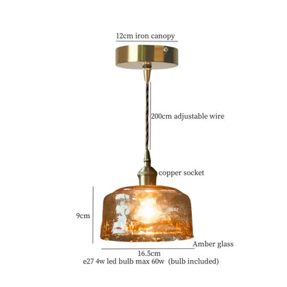 Vintage brass amber glass pendant light with warm amber glass, brass iron canopy, and adjustable copper socket wire