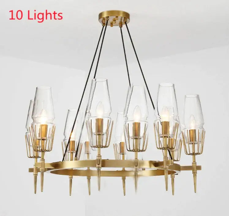 Vintage decorbites brass ana chandelier with gold-toned brass cage and ten clear glass shades for dining room lighting