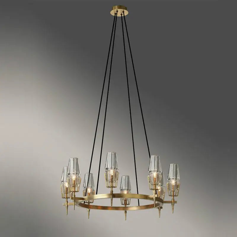 Vintage brass ana chandelier with brass-toned frame and clear glass shades suspended by black cords for dining room decorbites brass ana