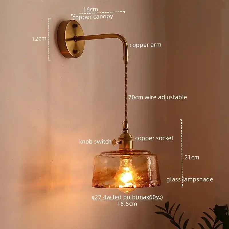 Antique brass copper led wall sconce with textured amber glass lampshade and adjustable 70cm twisted wire for bedroom lighting