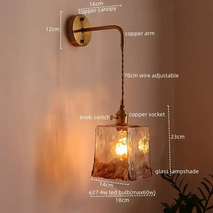 Vintage brass and amber glass copper led wall sconce with textured amber glass copper led lampshade for bedroom light