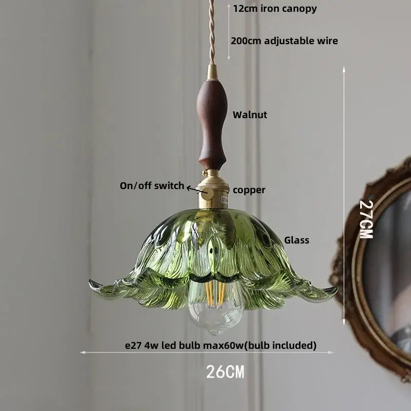 Vintage brass pendant light with green glass flower-shaped shade, walnut handle, and copper accents for kitchen decorbites amber glass collection