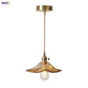 Vintage brass pendant light with decorbites amber glass fluted shade and twisted cord for kitchen hanging lamp decor