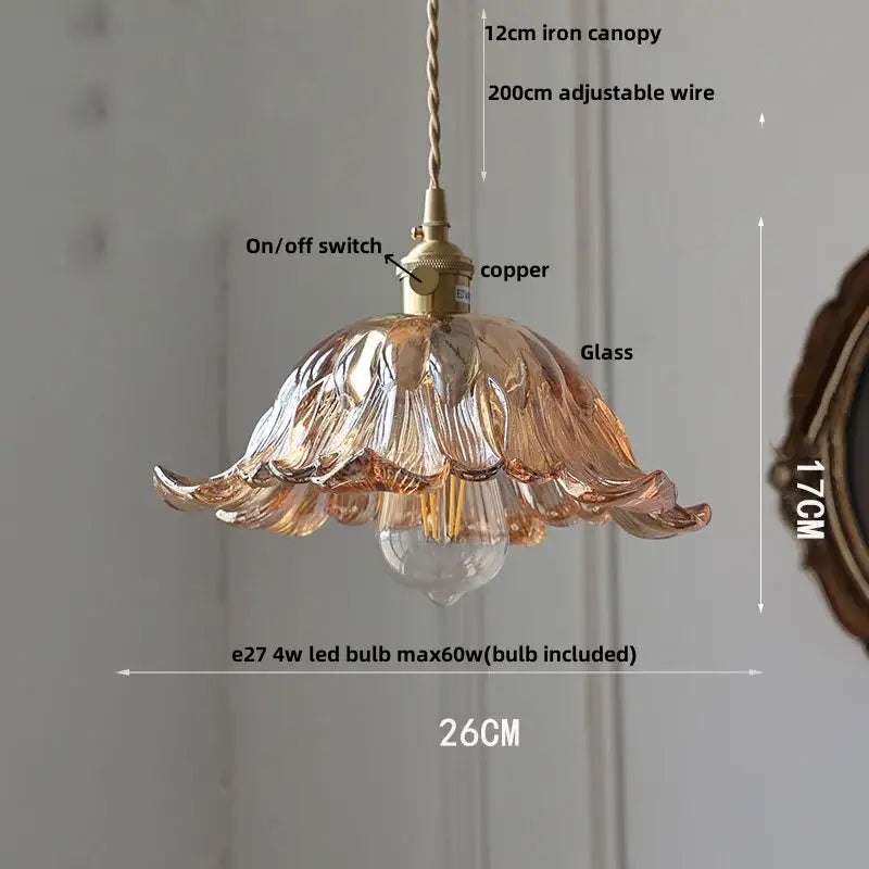 Vintage brass and decorbites amber glass pendant light with flower design and copper switch for kitchen hanging lamp decor