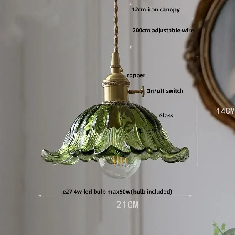 Vintage brass and amber glass pendant light with delicate green fluted glass and brass-finished metal decorbites amber glass