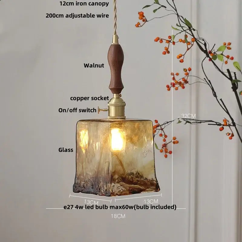 Vintage brass and amber glass pendant light with warm decorbites amber glass and walnut wooden handle for kitchen decor