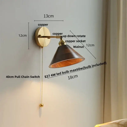 Vintage brass wall lamp with copper finish and walnut wood shade featuring adjustable up-down rotate design decorbites led walnut