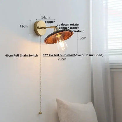 Vintage brass and amber glass wall lamp with copper sconce, walnut wood shade, and decorbites led walnut bulb