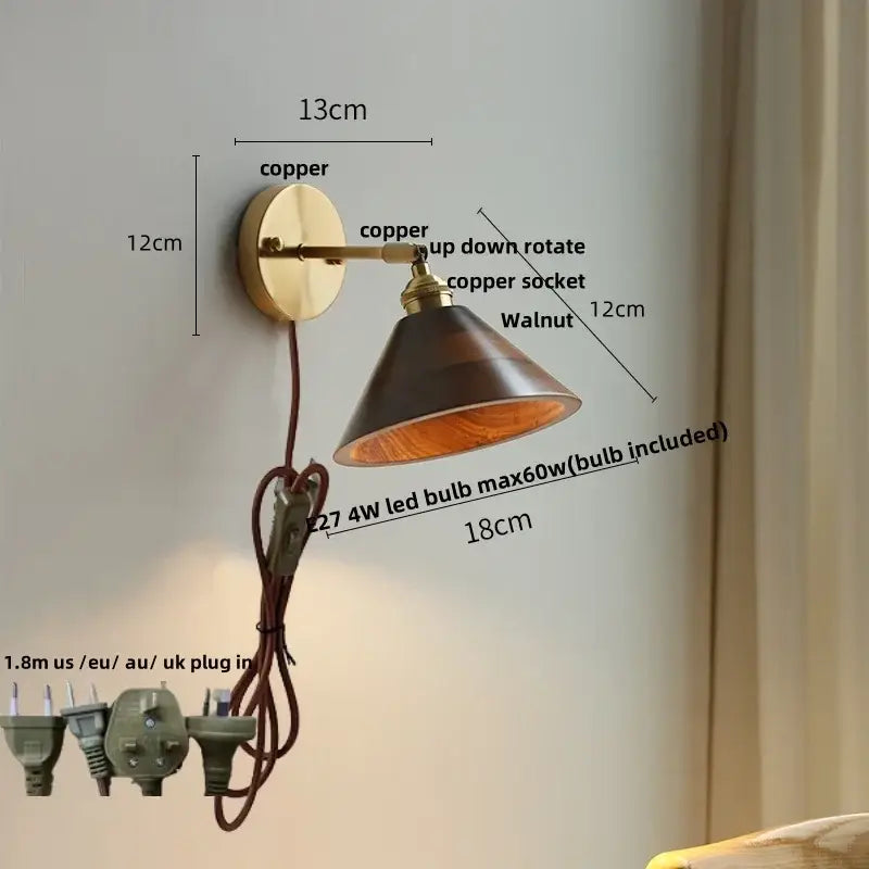 Copper-finished wall lamp with walnut wood shade and adjustable arm for vintage brass and amber glass decorbites led walnut use