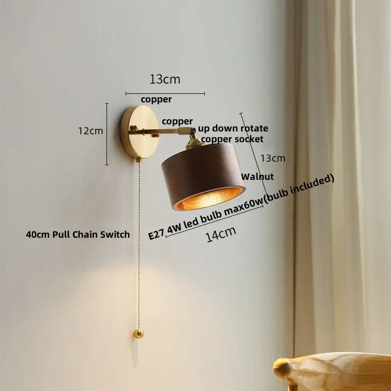 Copper wall lamp with walnut wood cylindrical shade and e27 decorbites led walnut bulb for bedroom decor