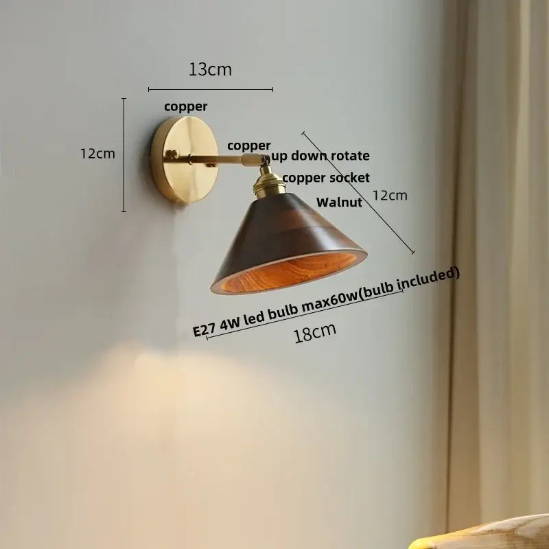 Copper-finished vintage brass wall lamp with amber glass and walnut wood shade for bedroom decorbites led walnut lighting