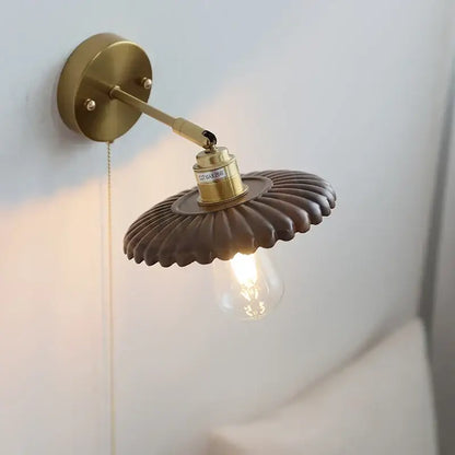 Vintage brass wall lamp with a fluted dark brown shade and exposed edison bulb for decorbites led walnut wood decor