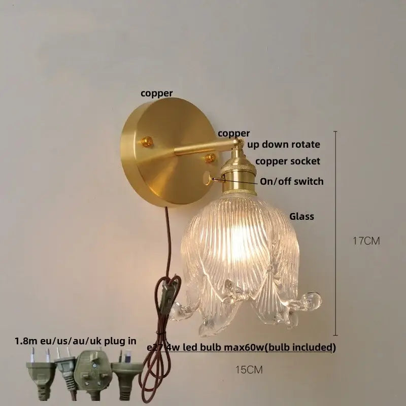 A brass-finished copper wall light with a ribbed loft amber glass shade for decorbites loft amber bedroom use