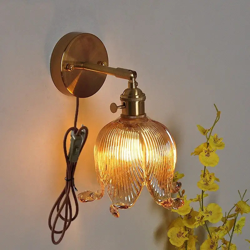 Vintage brass and loft amber glass wall light with ribbed design for bedroom decorbites loft amber sconce decor