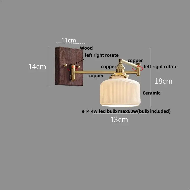 Vintage brass and amber glass wall sconce with dark wood base copper articulated arms and off-white ceramic led wall shade