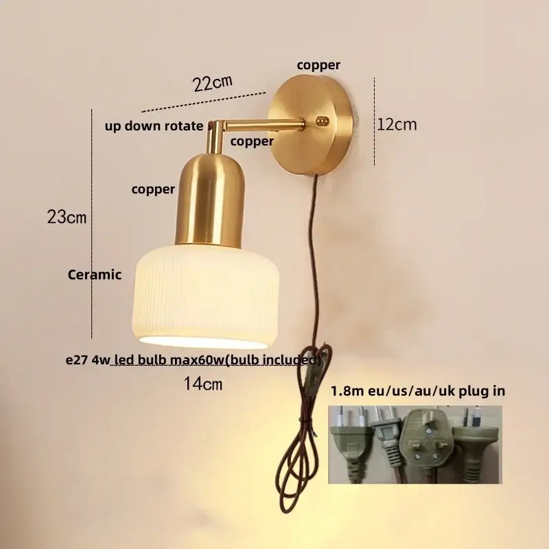 Copper-finished vintage brass wall sconce with ribbed ceramic shade for decorbites ceramic led wall lighting