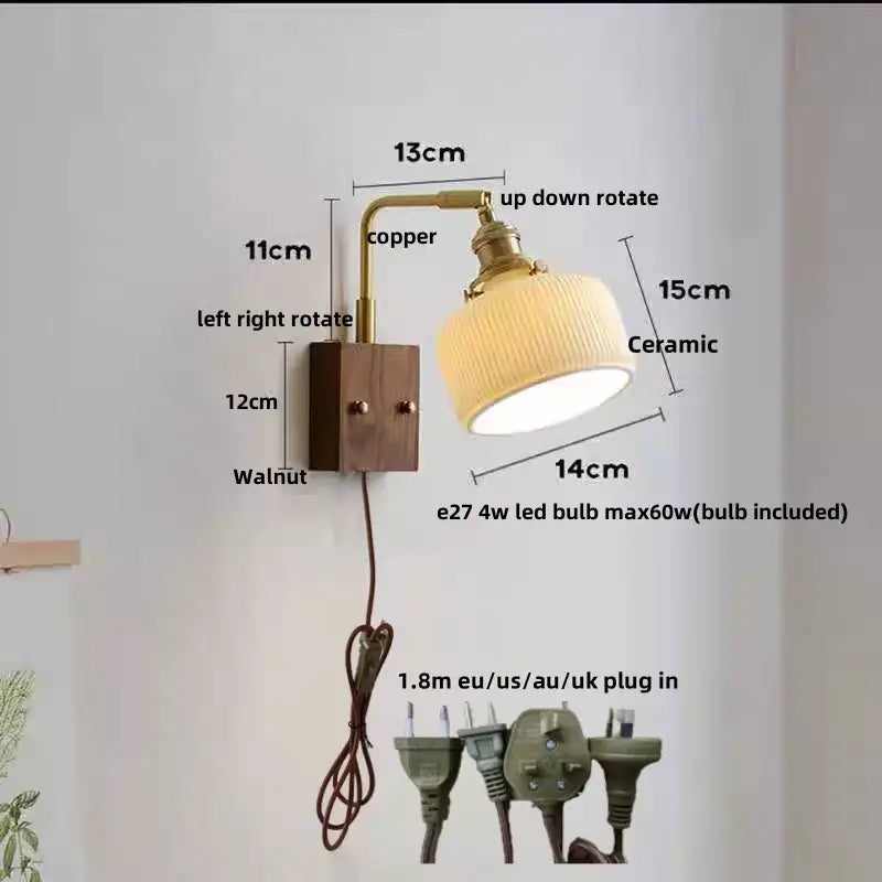 Copper-finished wall sconce with ribbed ceramic led shade and walnut wood base for vintage brass and amber glass decorbites ceramic led wall