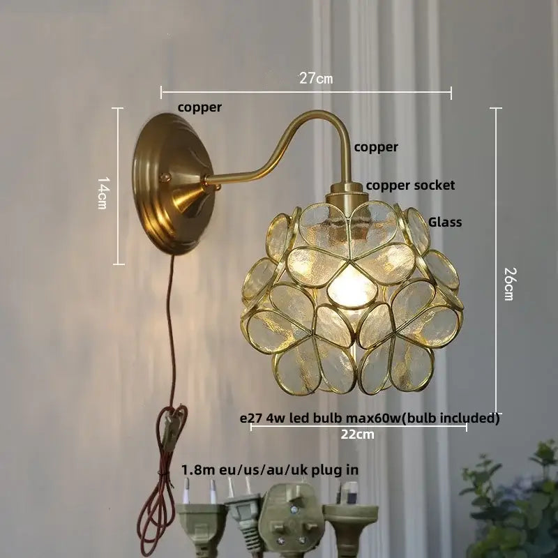 Vintage brass wall sconce with decorbites amber glass flower cluster shade for bedroom vanity light decor